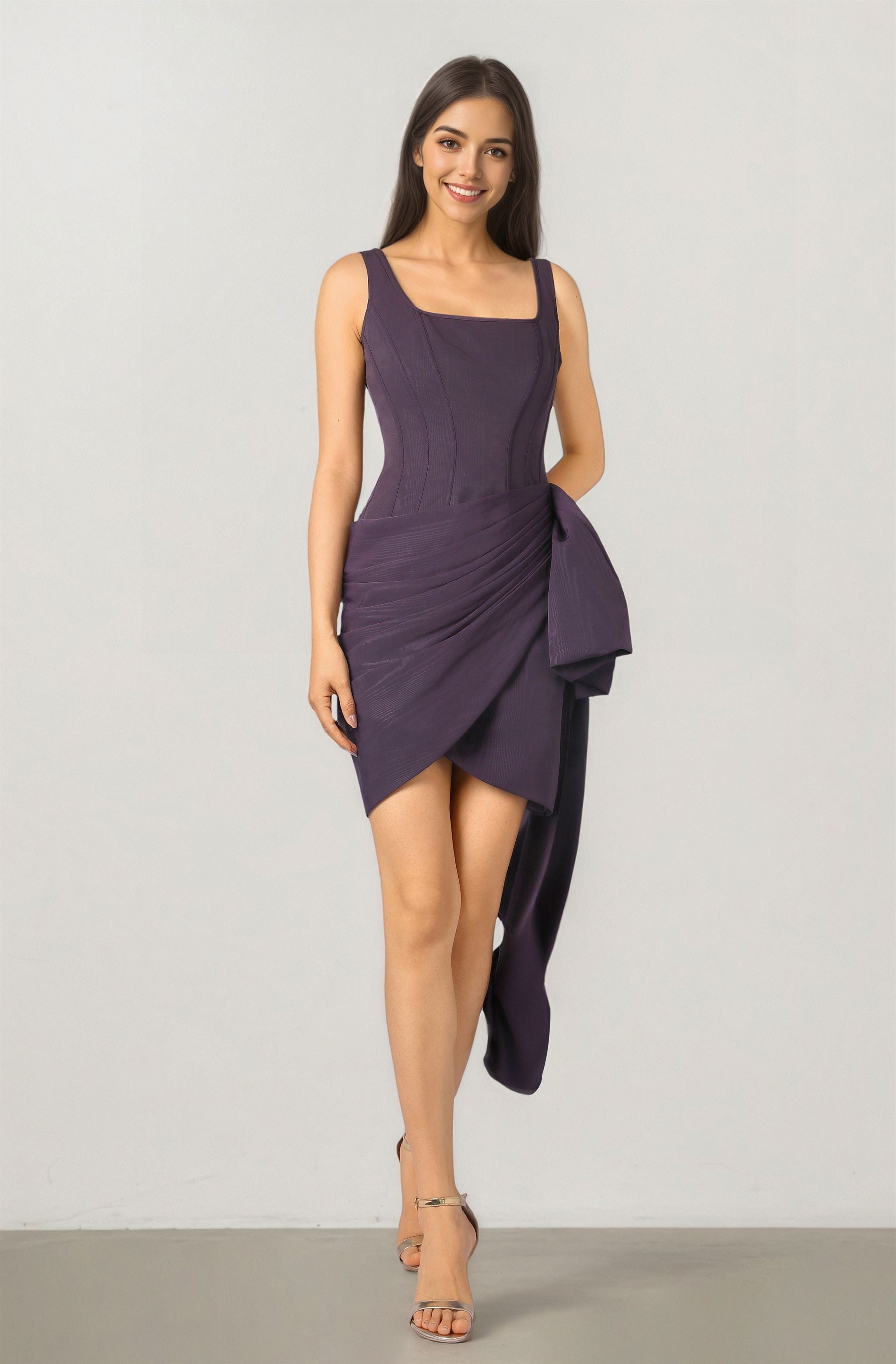 Pleated Drapping With Bow Dress