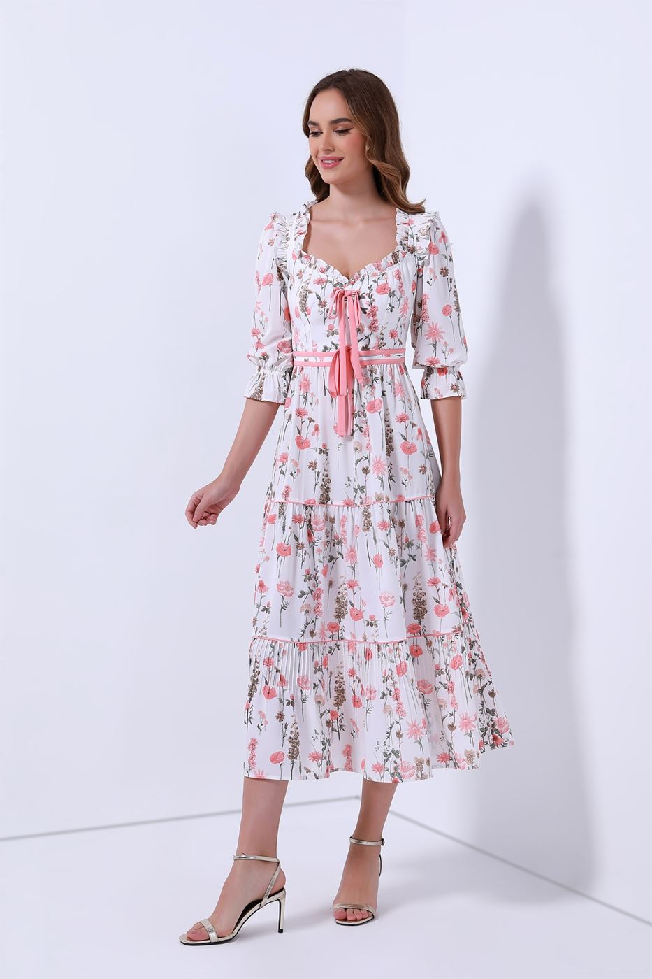 Printed Long Midi Dress With Tie - Femi9 EG