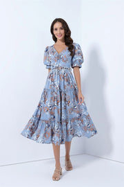 Printed Midi Dress With Ballon Sleeves - Femi9 EG