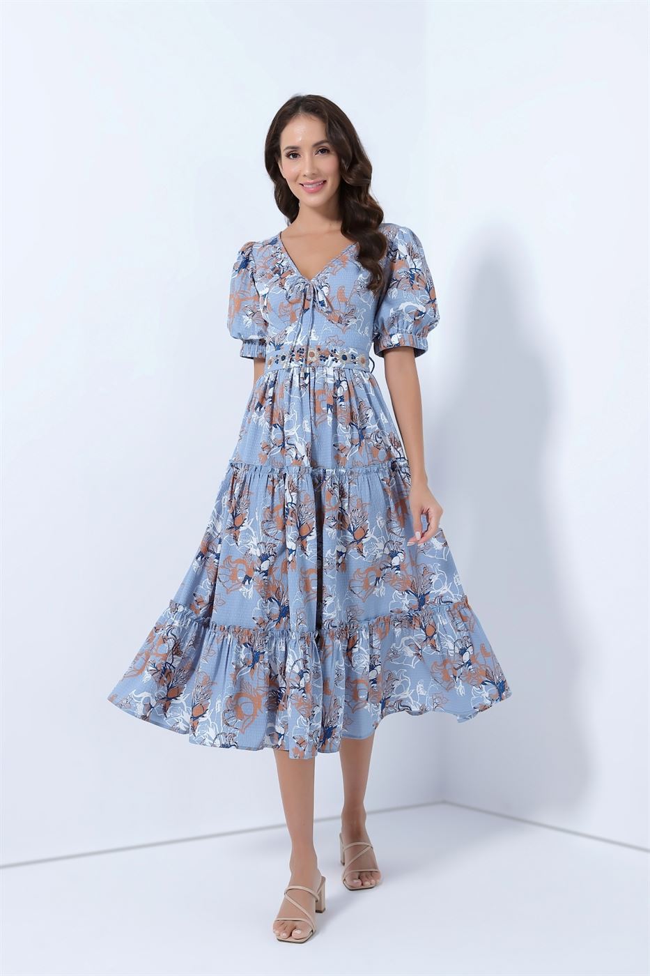 Printed Midi Dress With Ballon Sleeves - Femi9 EG