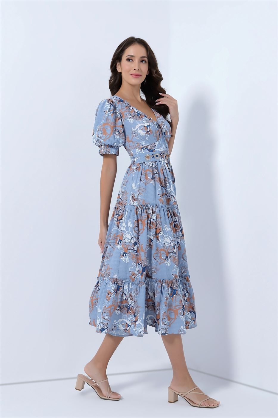 Printed Midi Dress With Ballon Sleeves - Femi9 EG