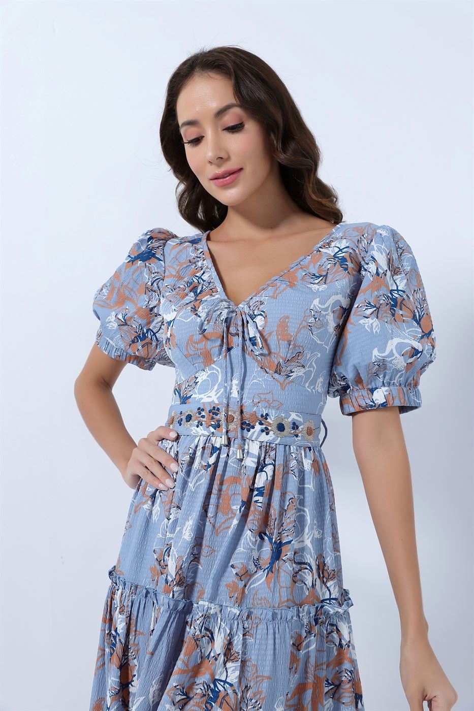 Printed Midi Dress With Ballon Sleeves - Femi9 EG