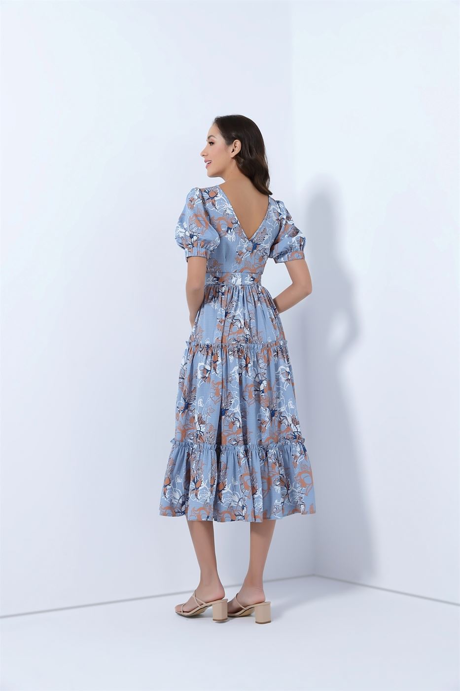 Printed Midi Dress With Ballon Sleeves - Femi9 EG