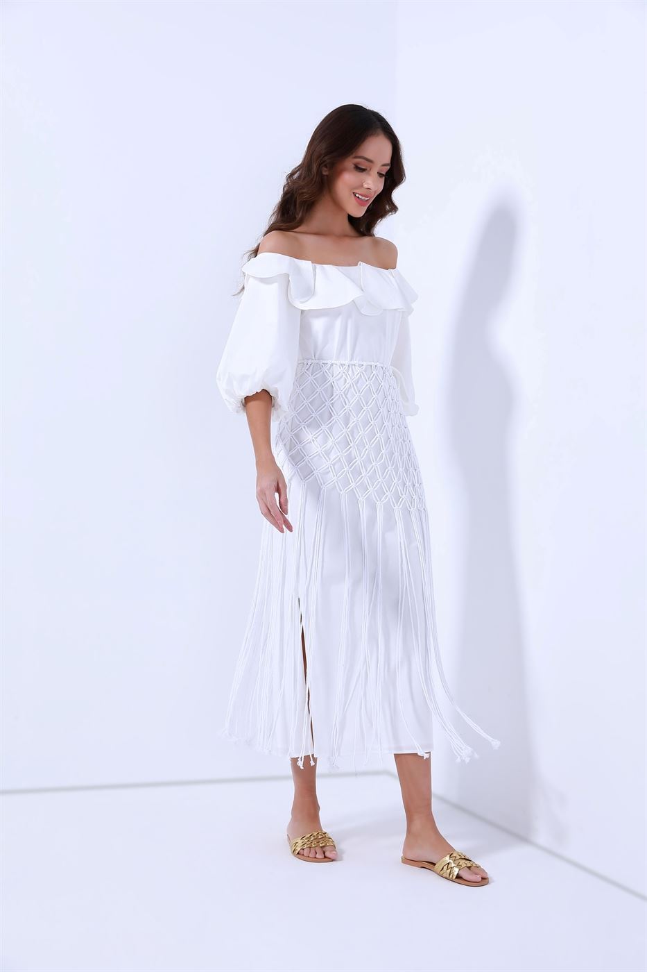 Off Shoulder Dress With Covered Belt - Femi9 EG