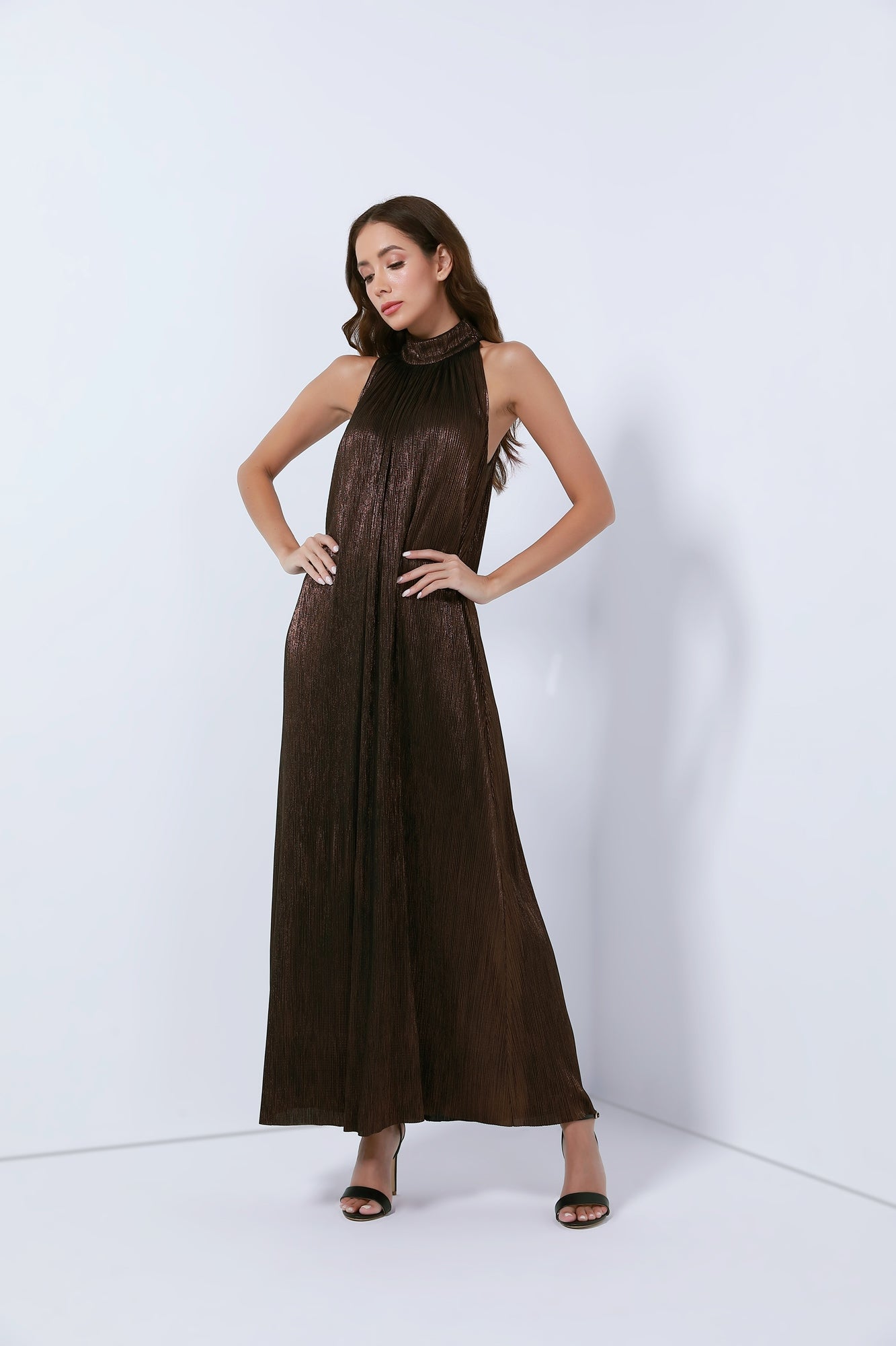 Halter Neck Pleated Long Length Dress - Femi9 EG