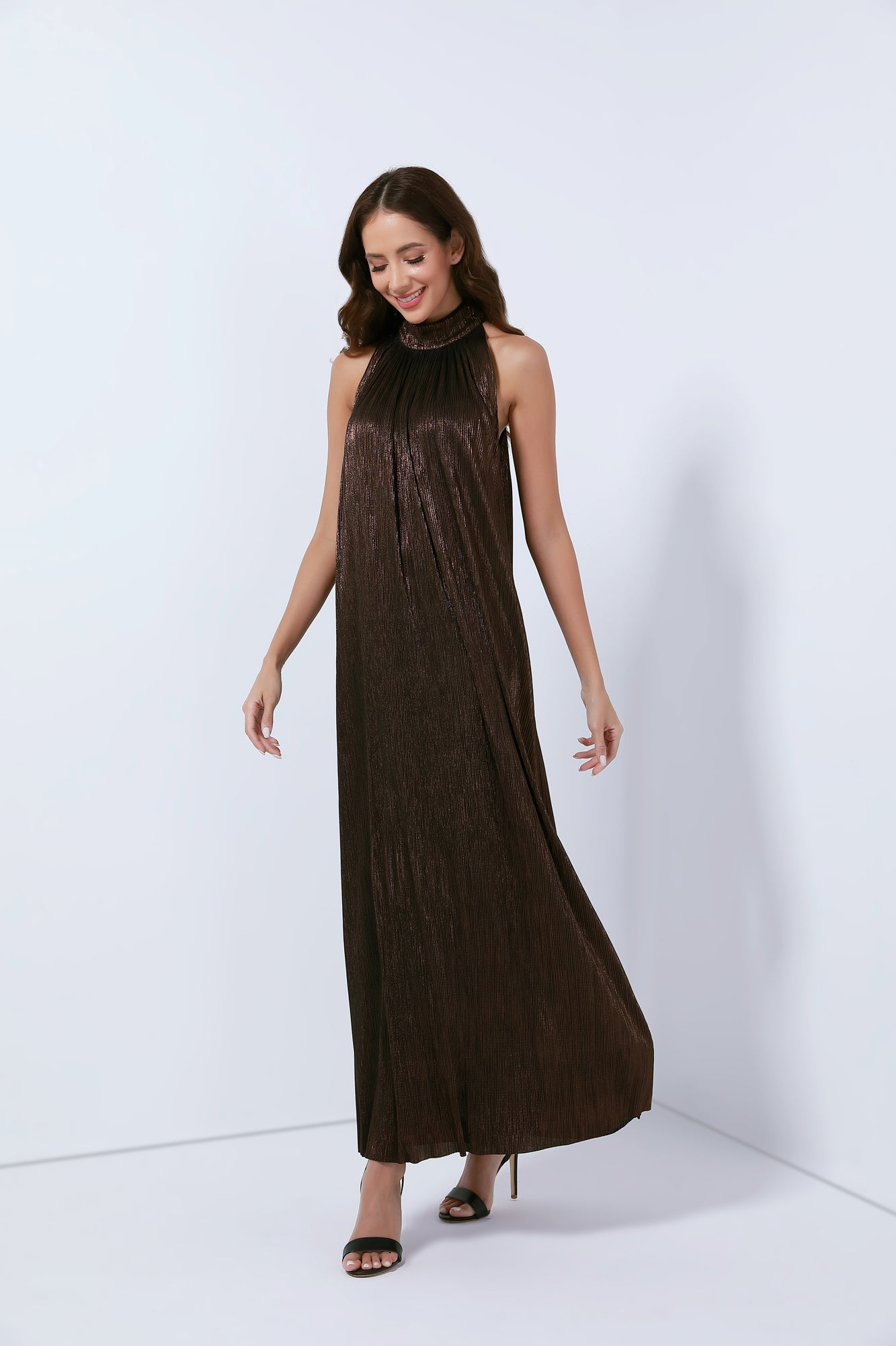 Halter Neck Pleated Long Length Dress - Femi9 EG