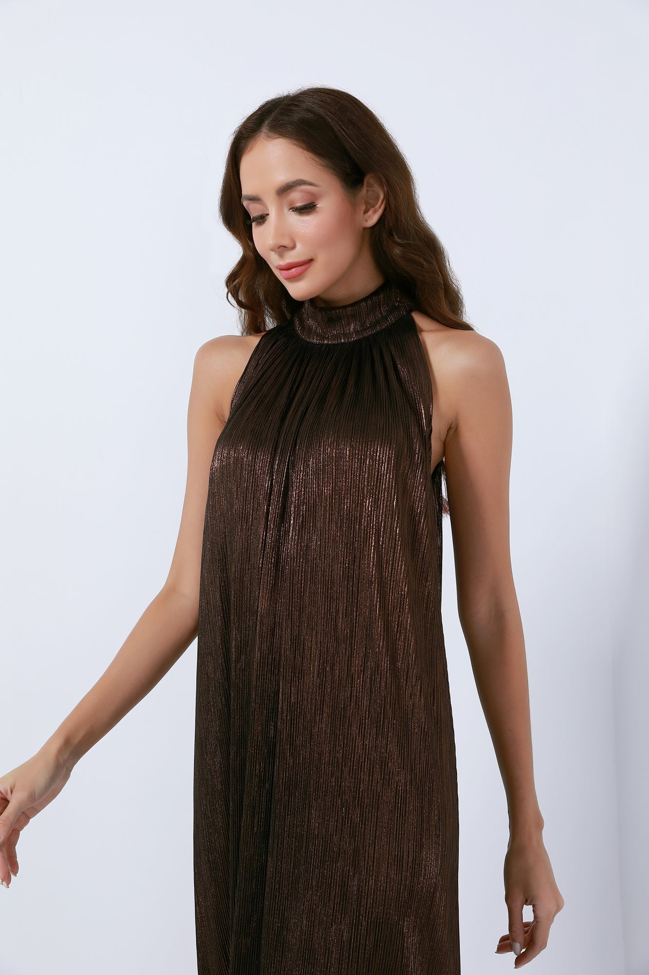 Halter Neck Pleated Long Length Dress - Femi9 EG
