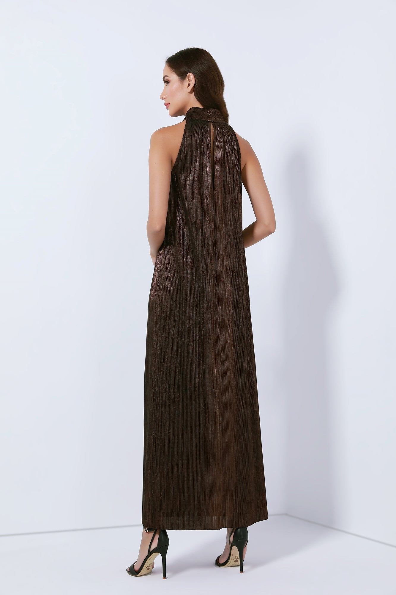 Halter Neck Pleated Long Length Dress - Femi9 EG