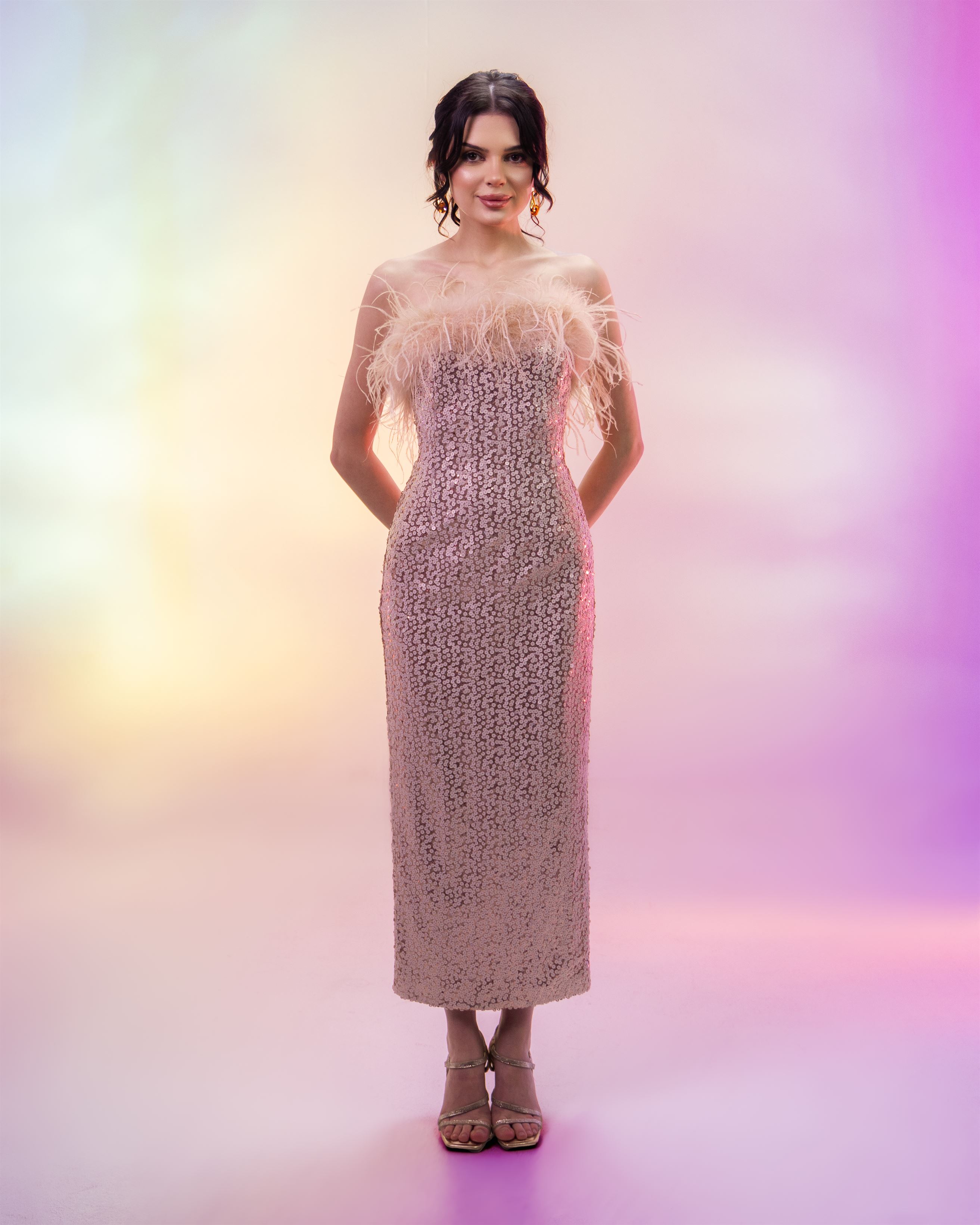 fuzzy trim sequin dress Embellished Strapless Sequin Straight, Arianna Midi Dress in White, Size L, For Bachelorette Or Birthday