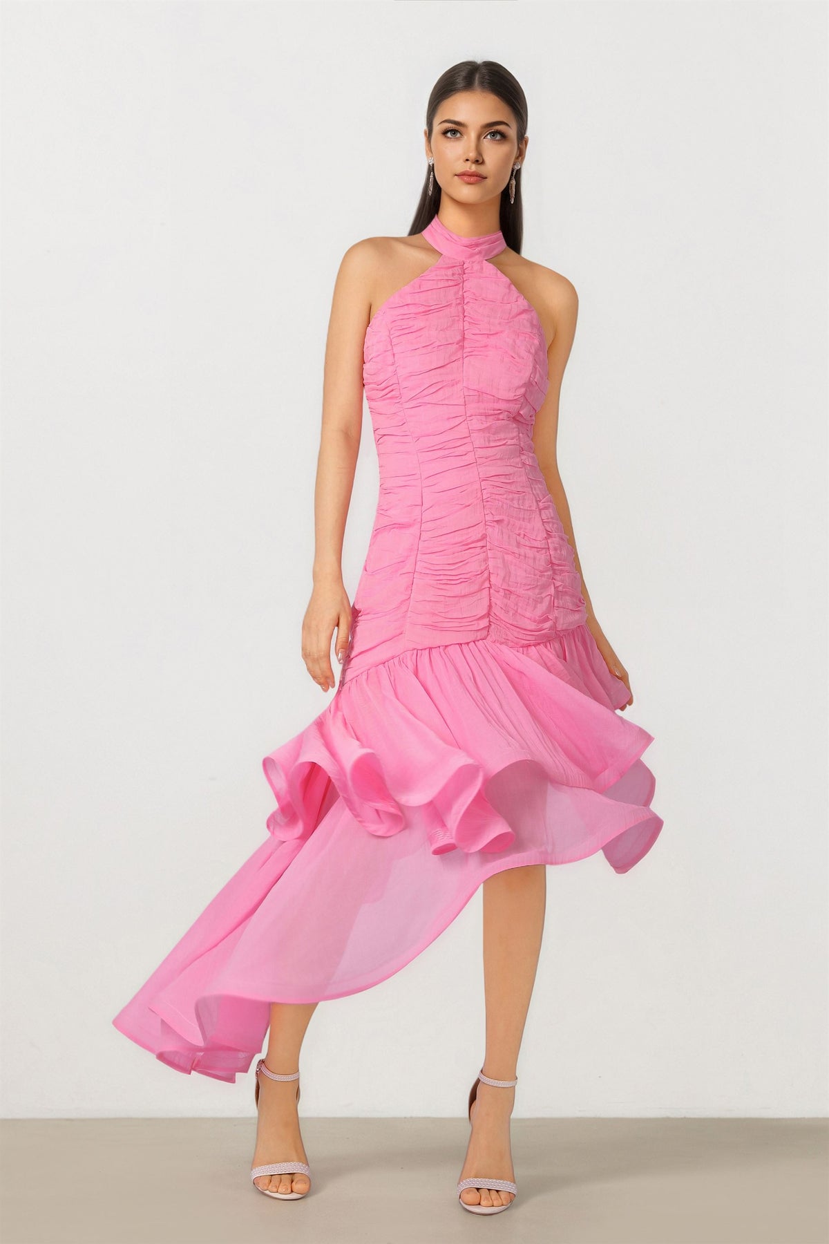 Long Asymmetrical Ruffles Asymmetric Ruffle Dress - Femi9 EG