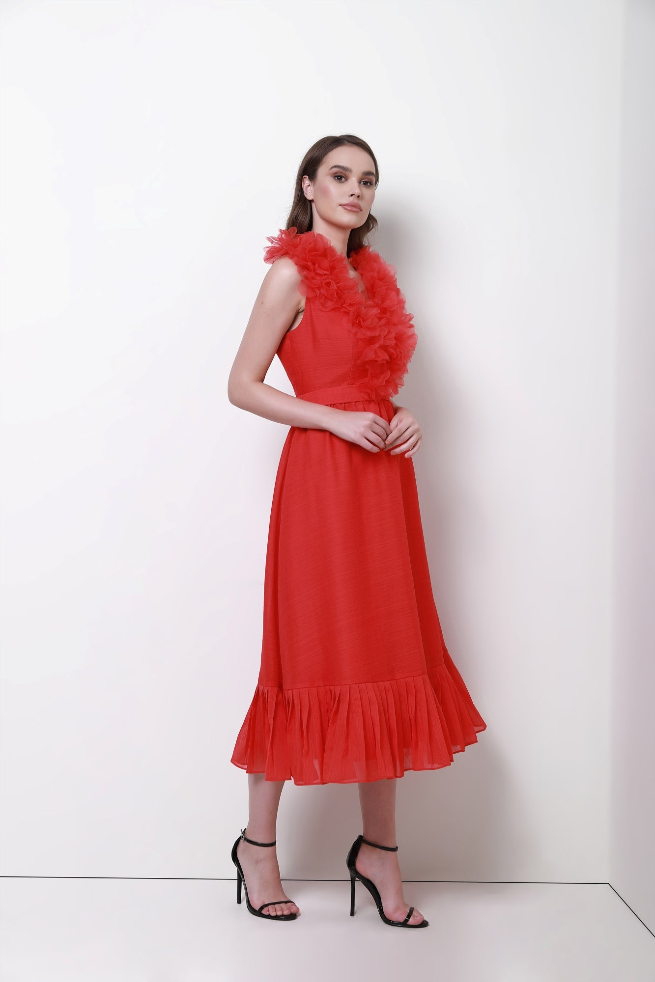 Ruffeled V Neckline Dress - Femi9 EG