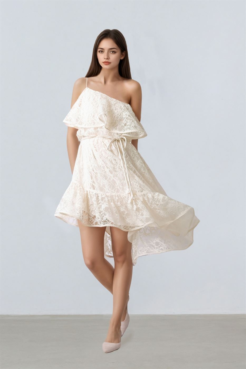 Lace Trimming Asymmetric Dress - Femi9 EG