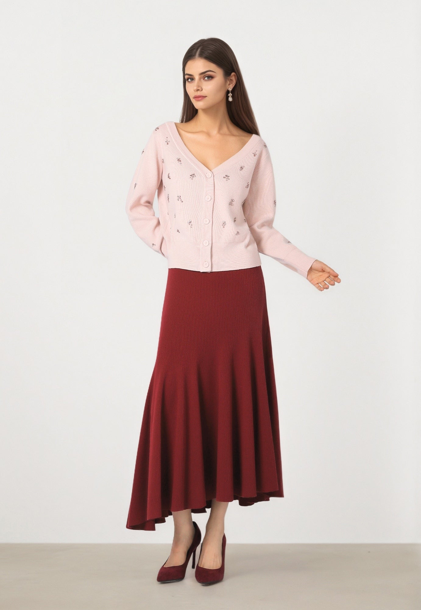 Burgundy Knit Flare Skirt