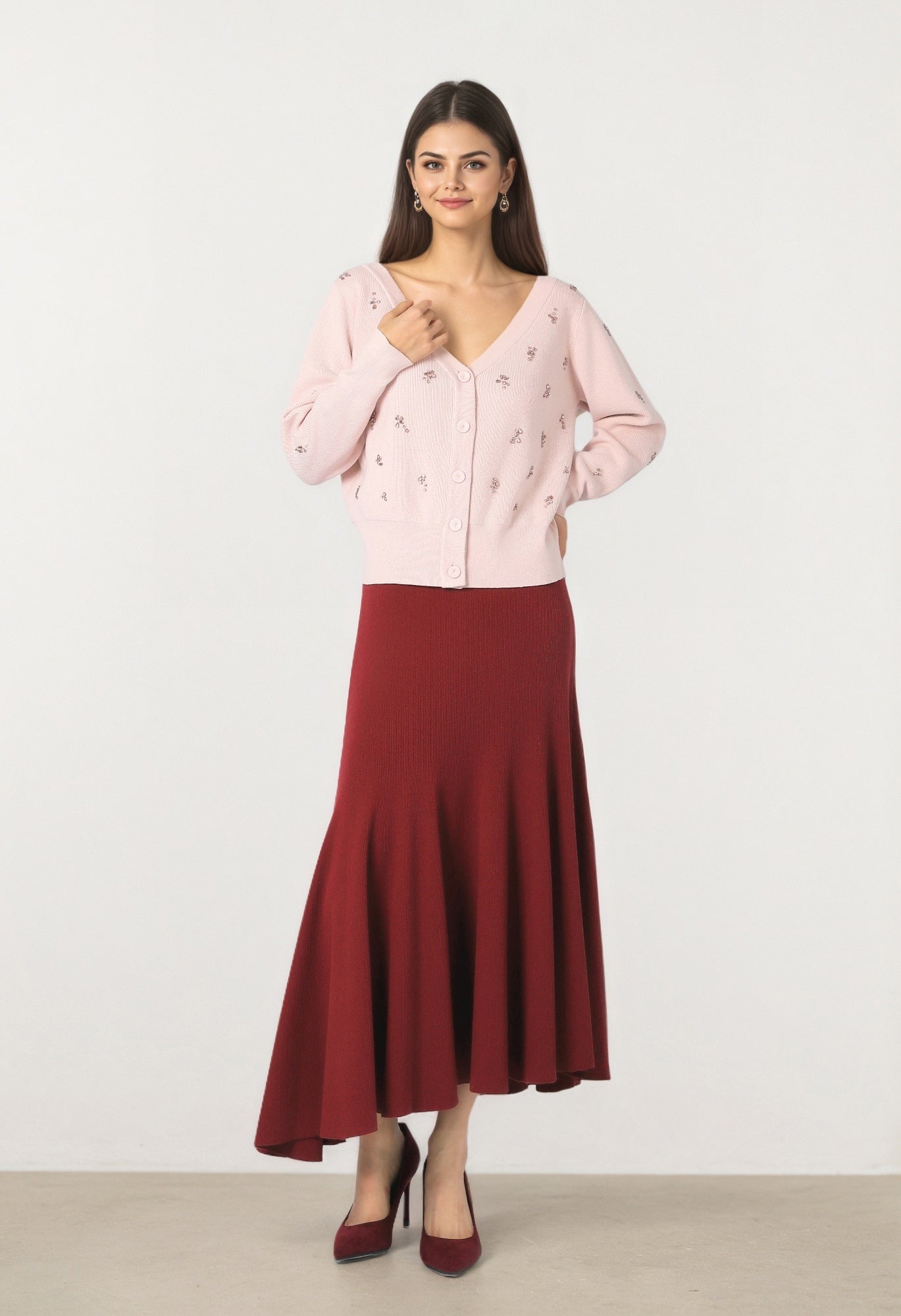 Burgundy Knit Flare Skirt