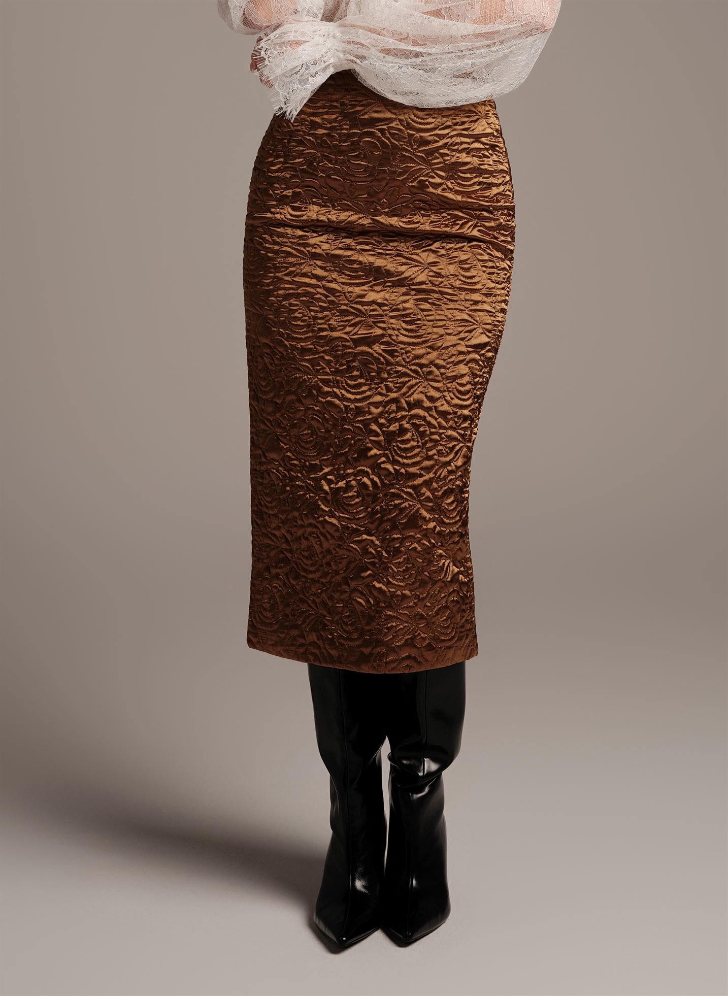 Quilted Satin Midi Skirt