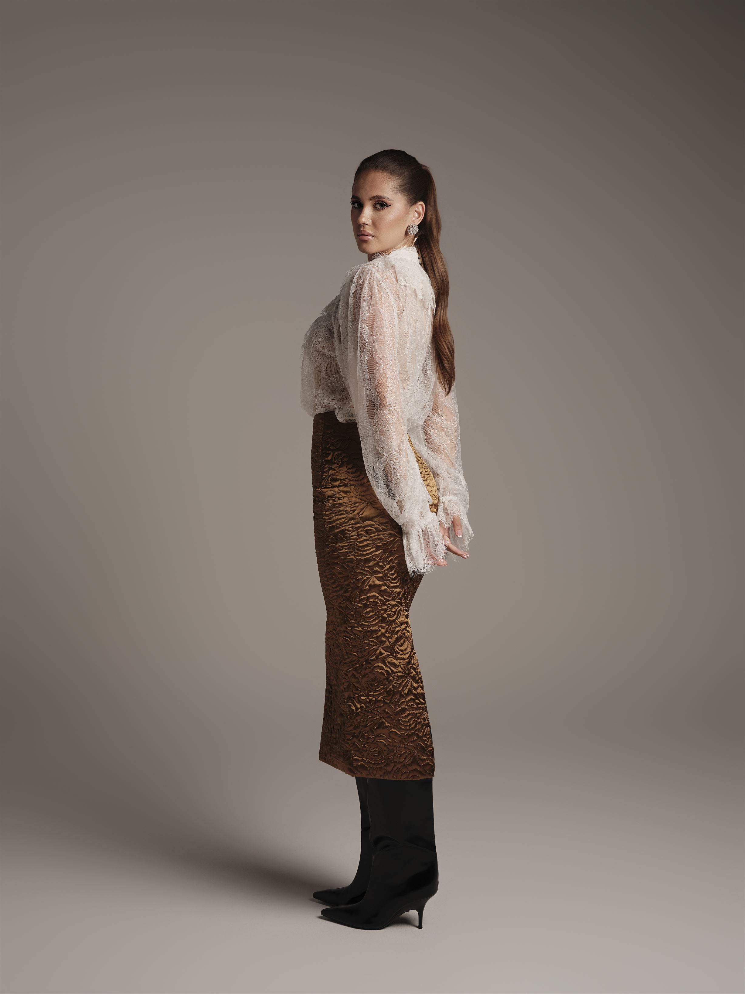 Quilted Satin Midi Skirt