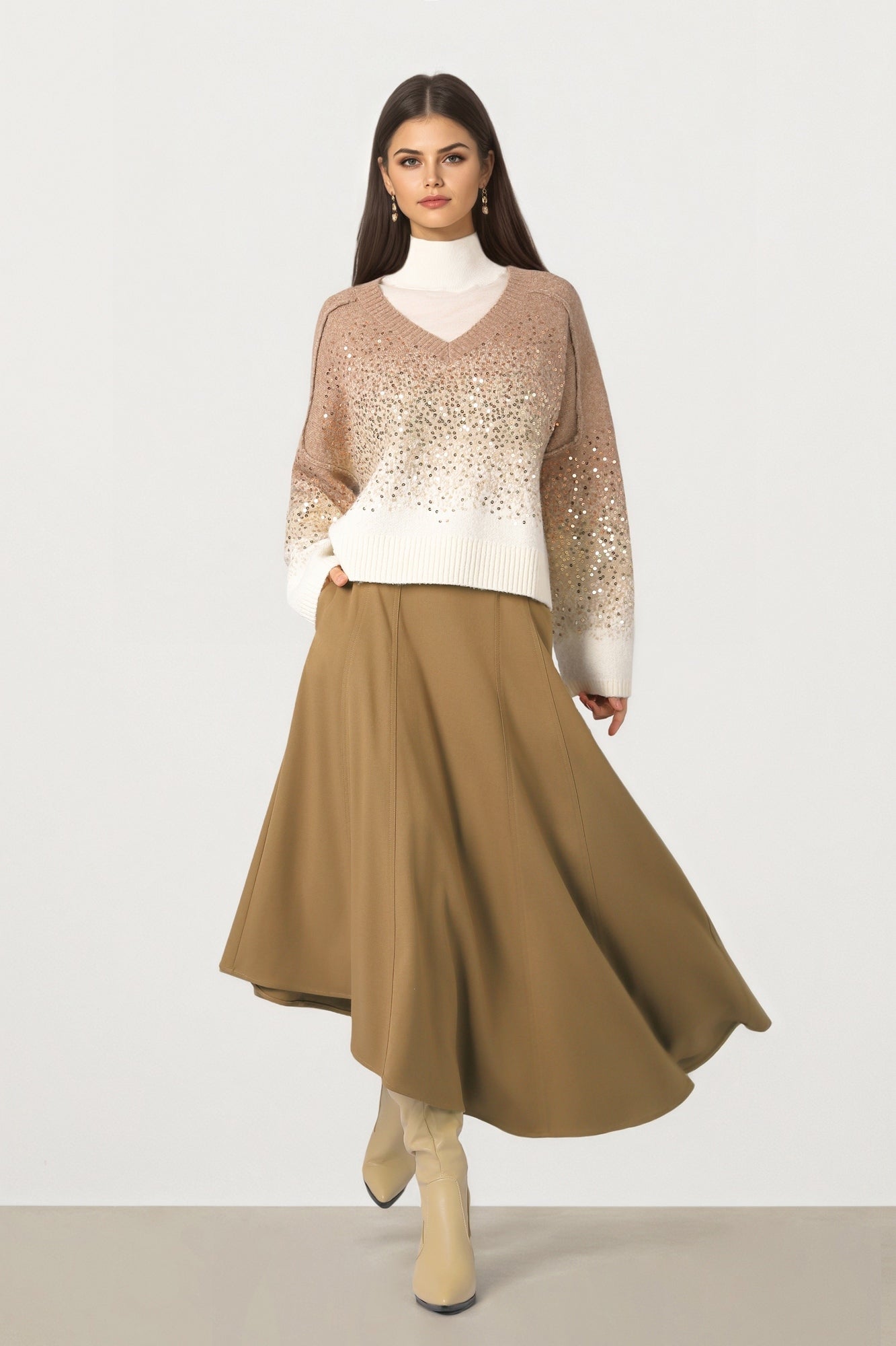 Tan Wool-Look Midi Skirt