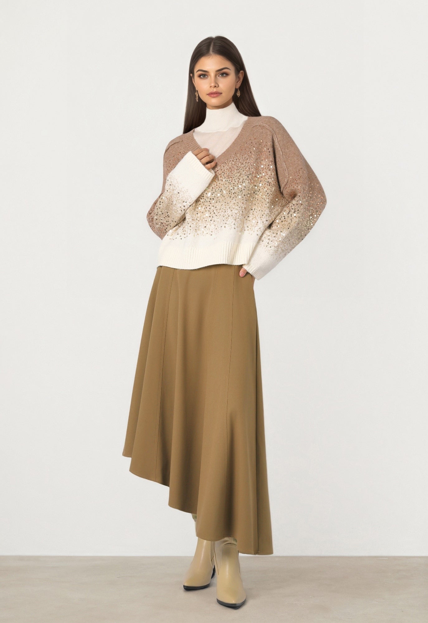 Tan Wool-Look Midi Skirt