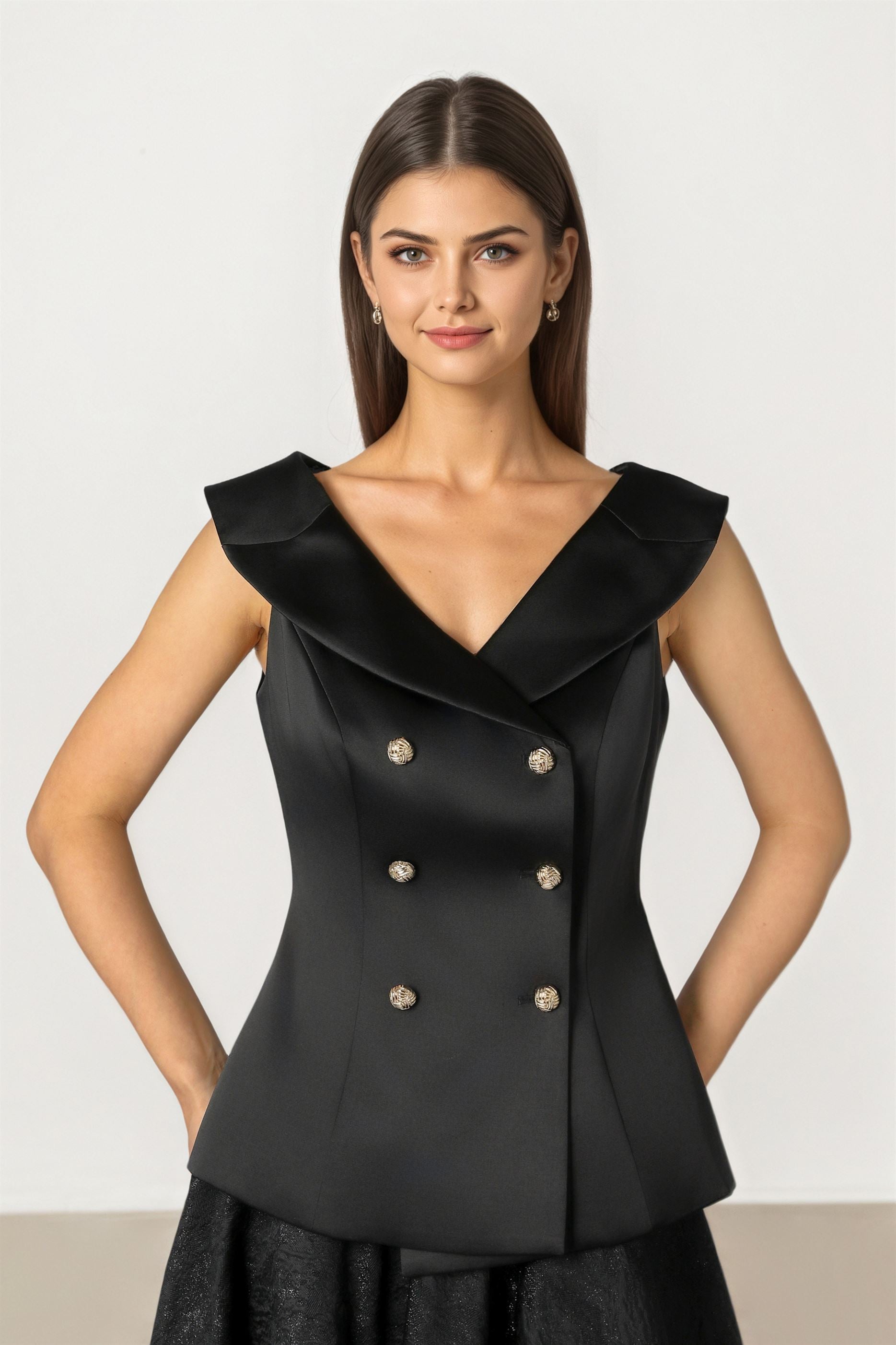 Black Crepe Button Top