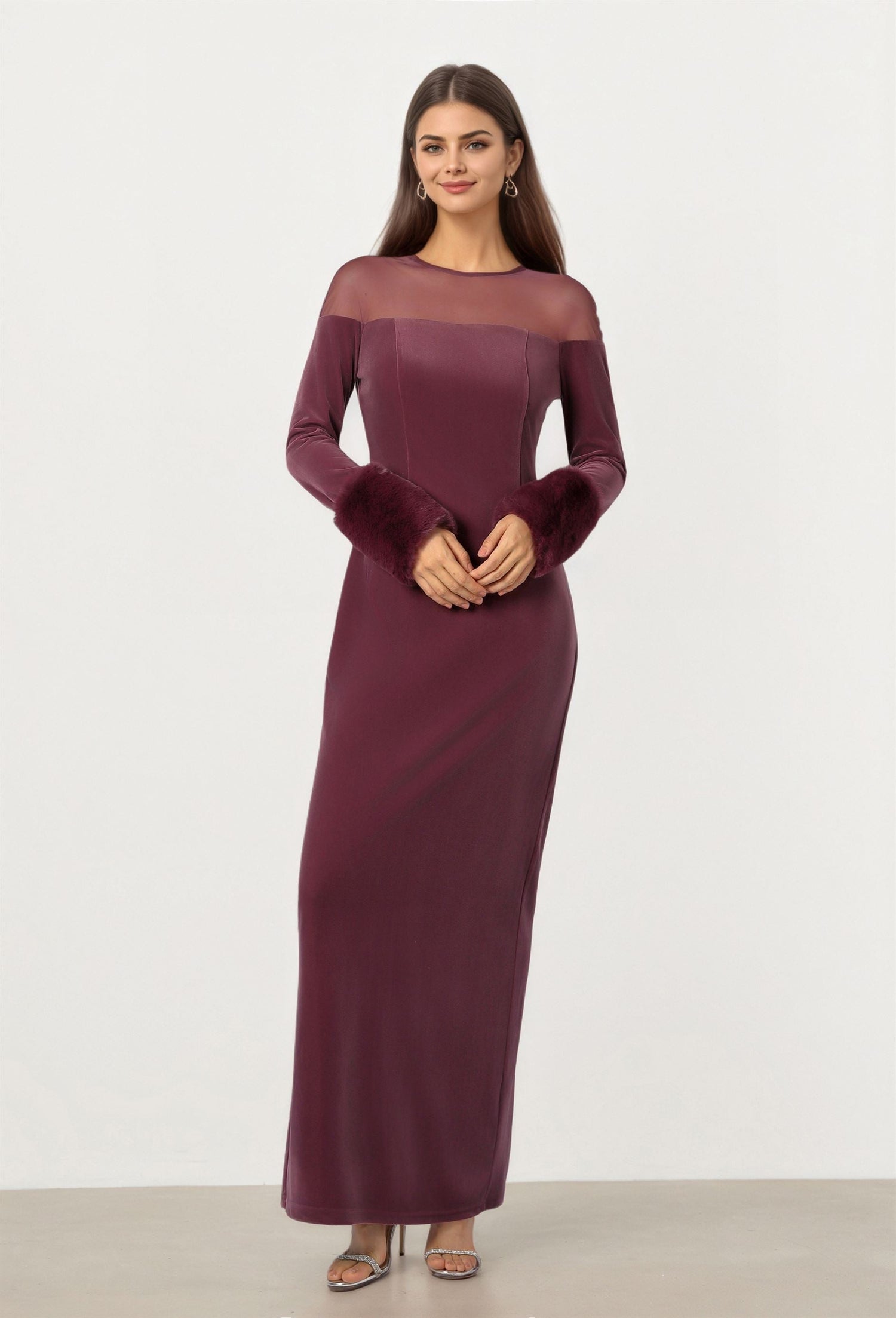 Burgundy Velvet Mesh Dress