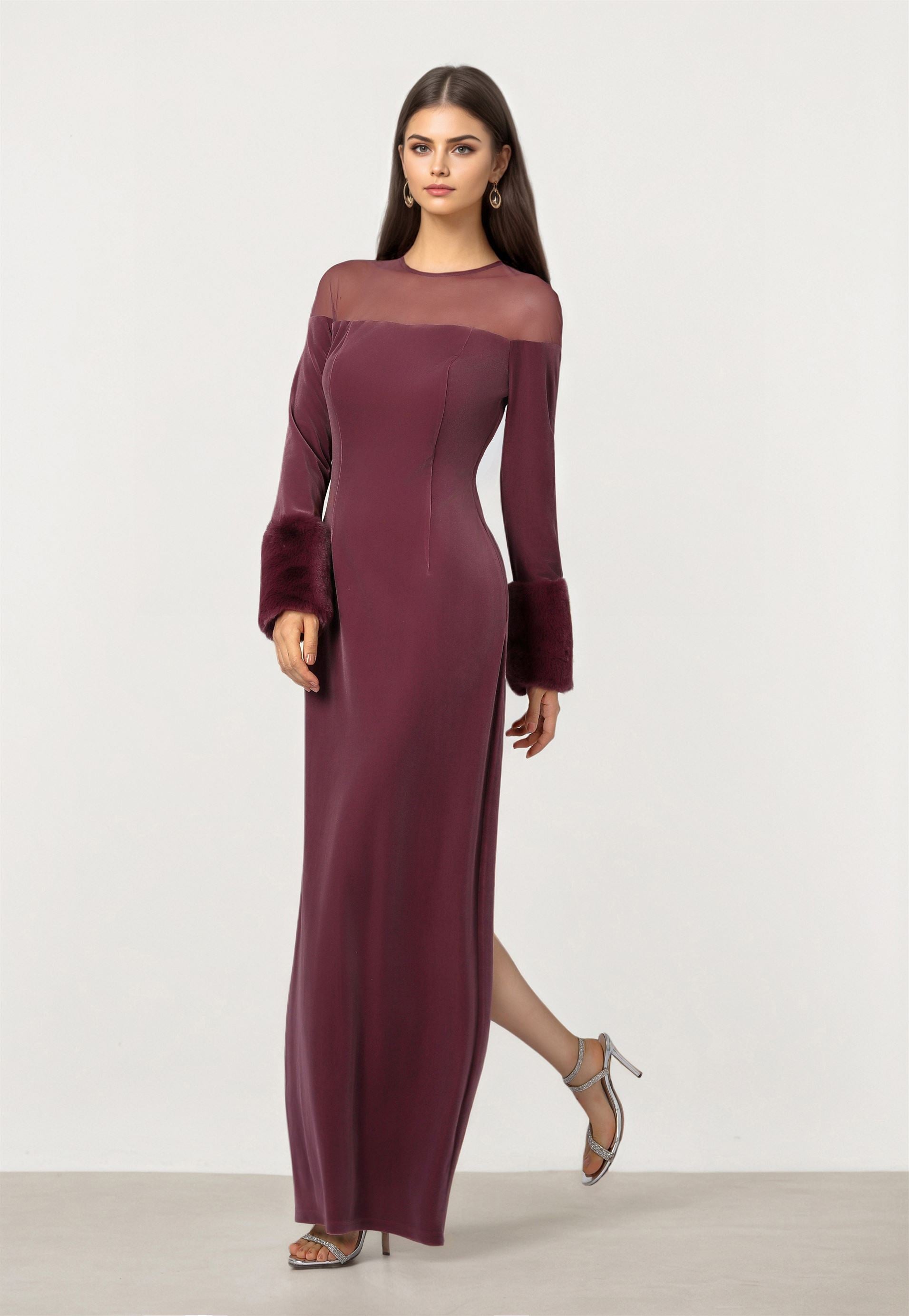 Burgundy Velvet Mesh Dress