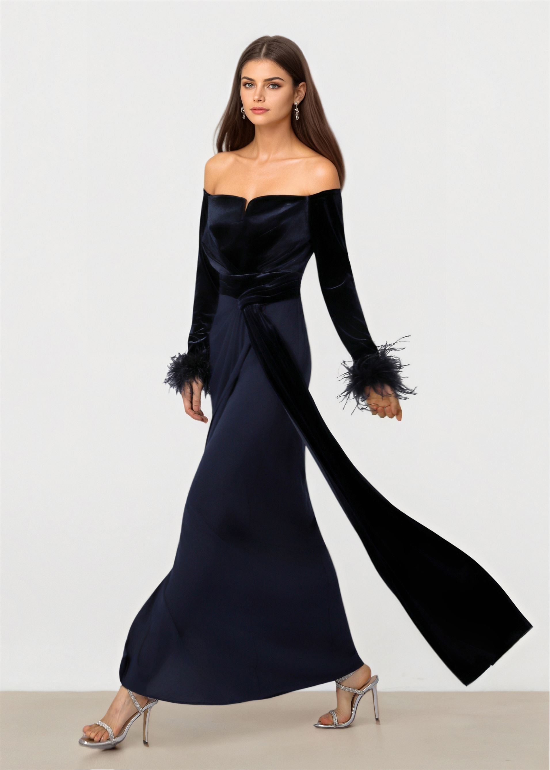 Navy Velvet Chiffon Dress