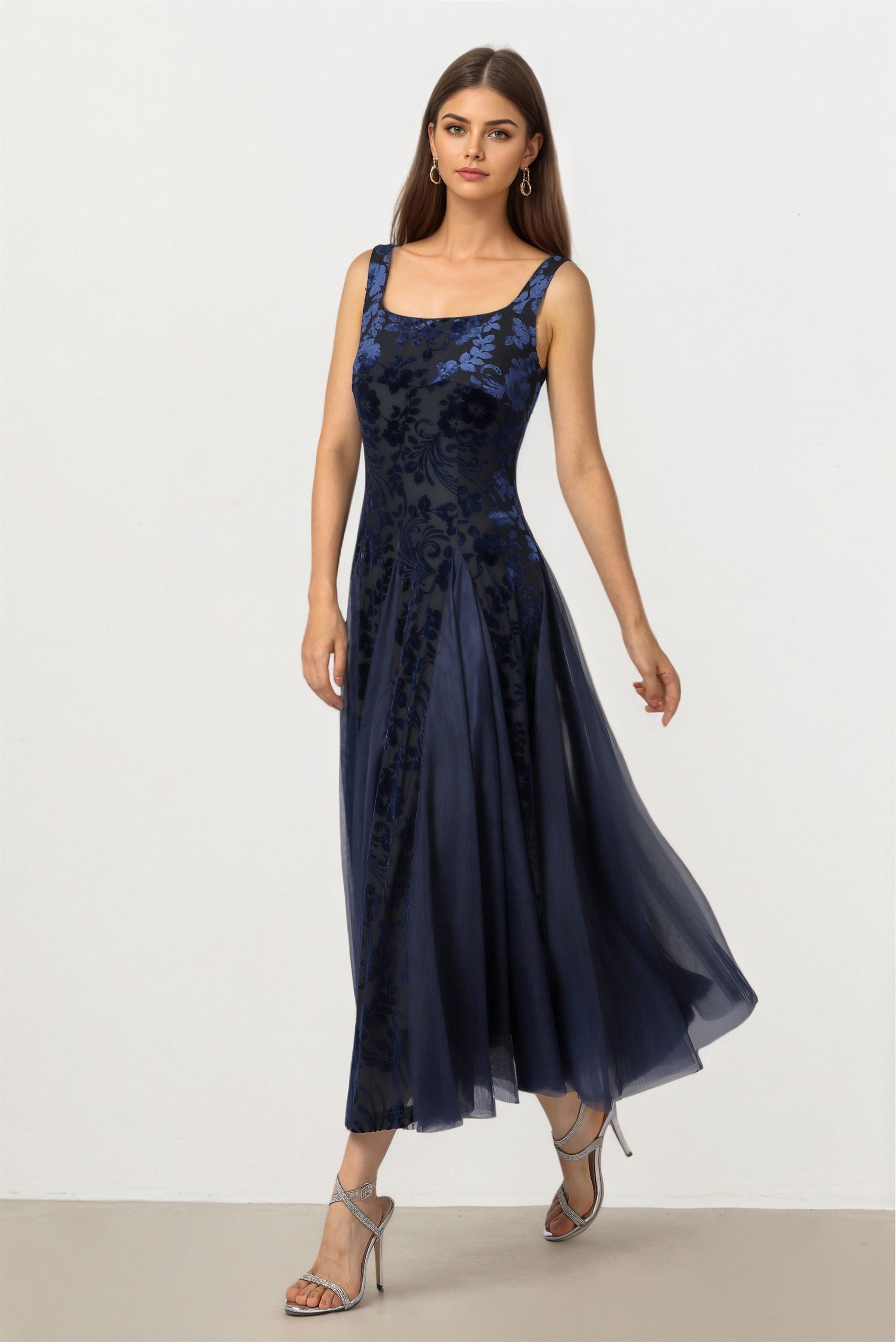Navy Devore Mesh Dress