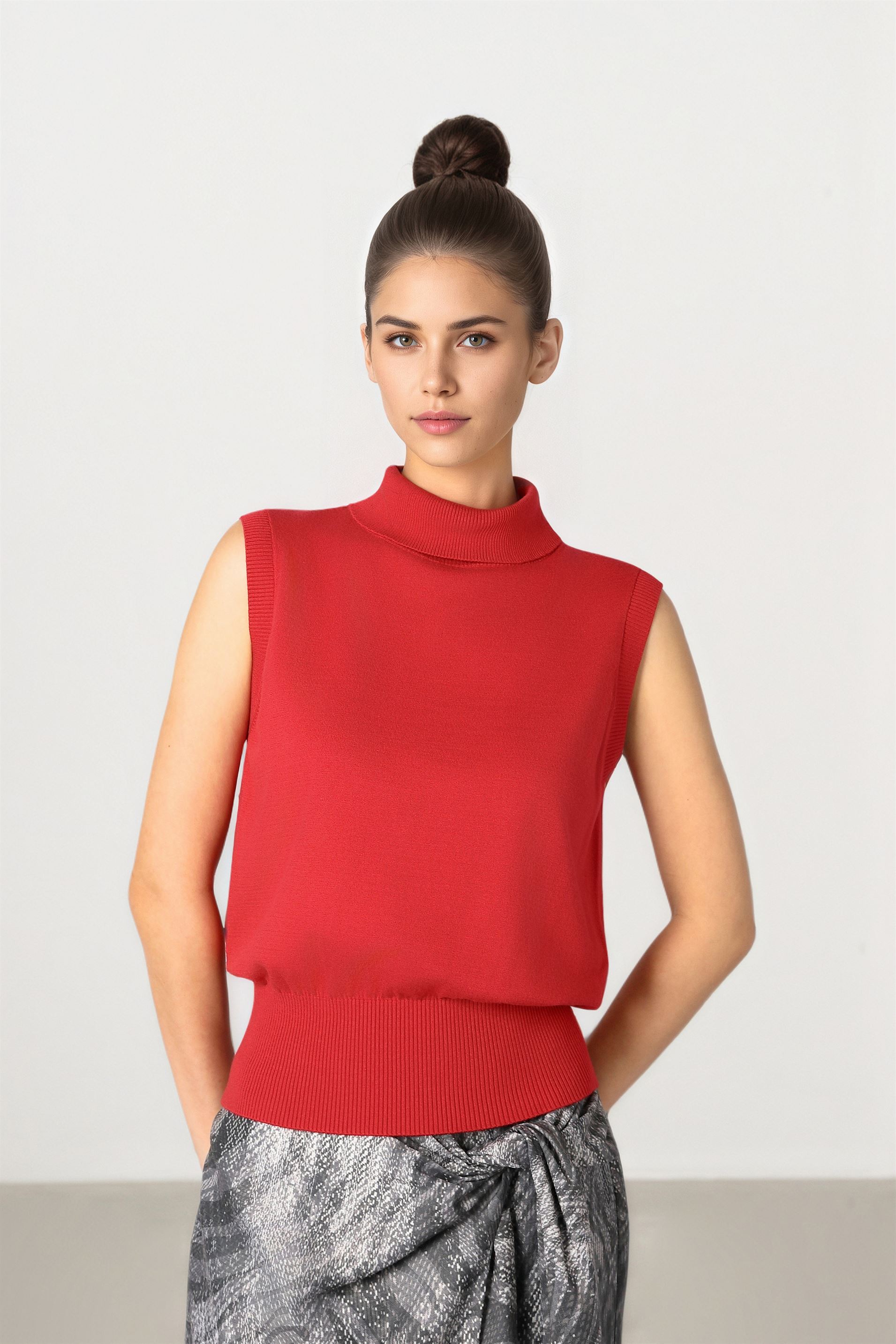 Red Turtleneck Knit Top