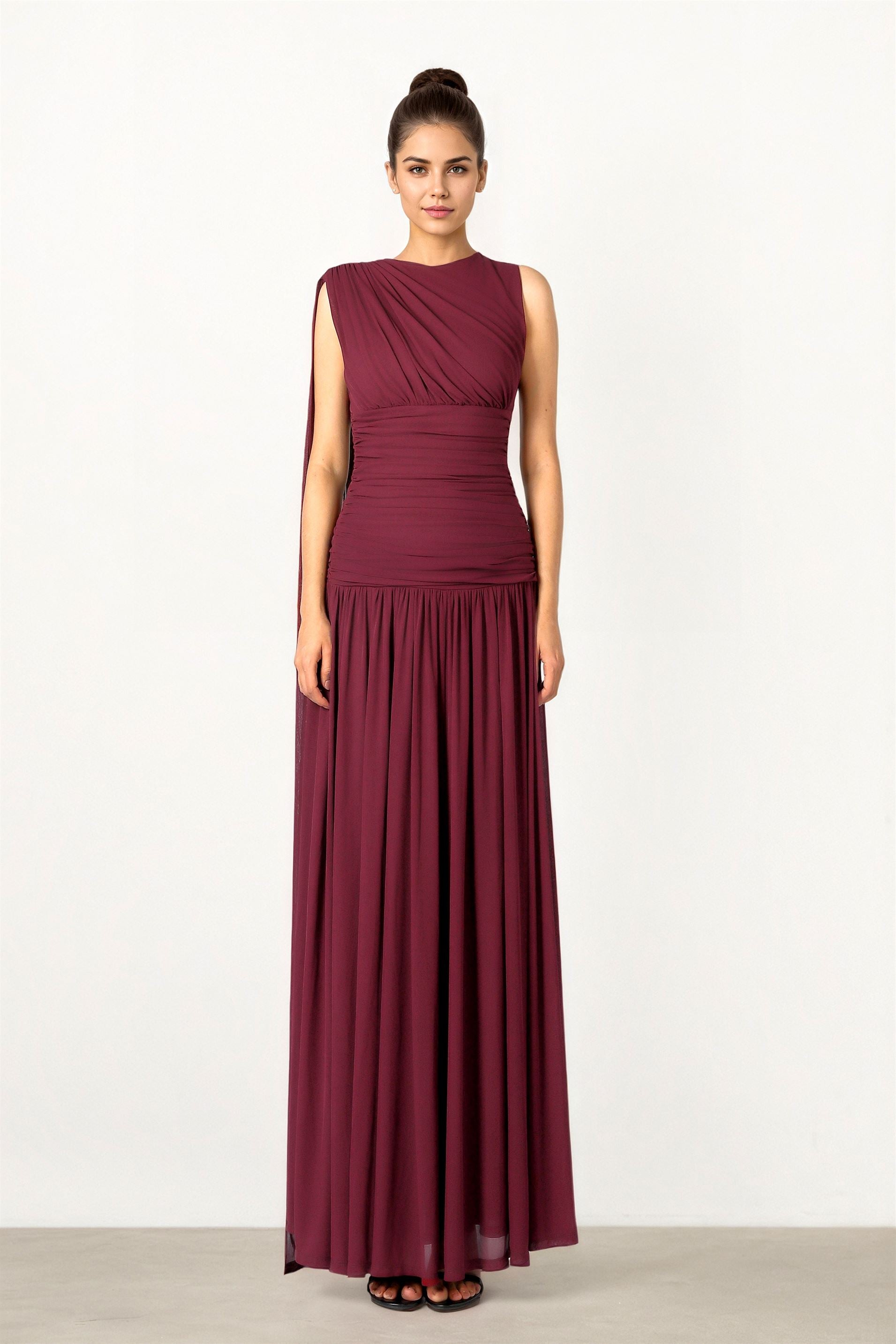 Burgundy Maxi Dress With scarf