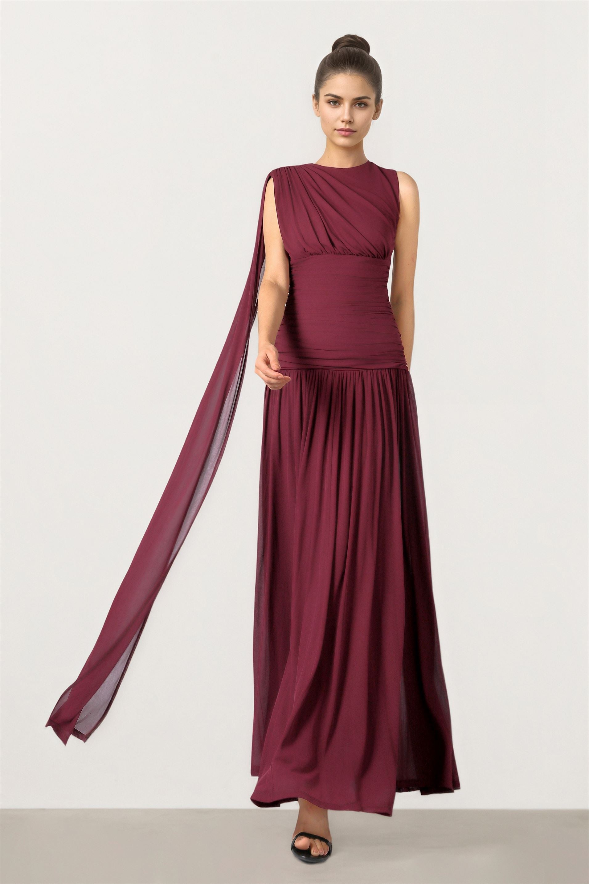 Burgundy Maxi Dress With scarf
