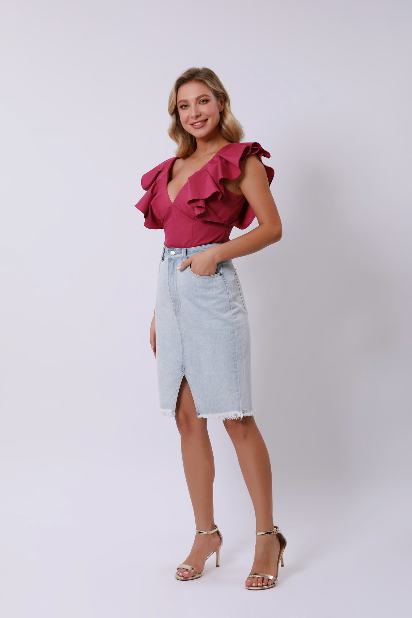 V-Neckline Ruffle Trim Top - Femi9 EG