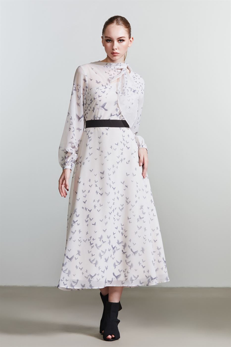Printed Dress With Scarf - Femi9 EG