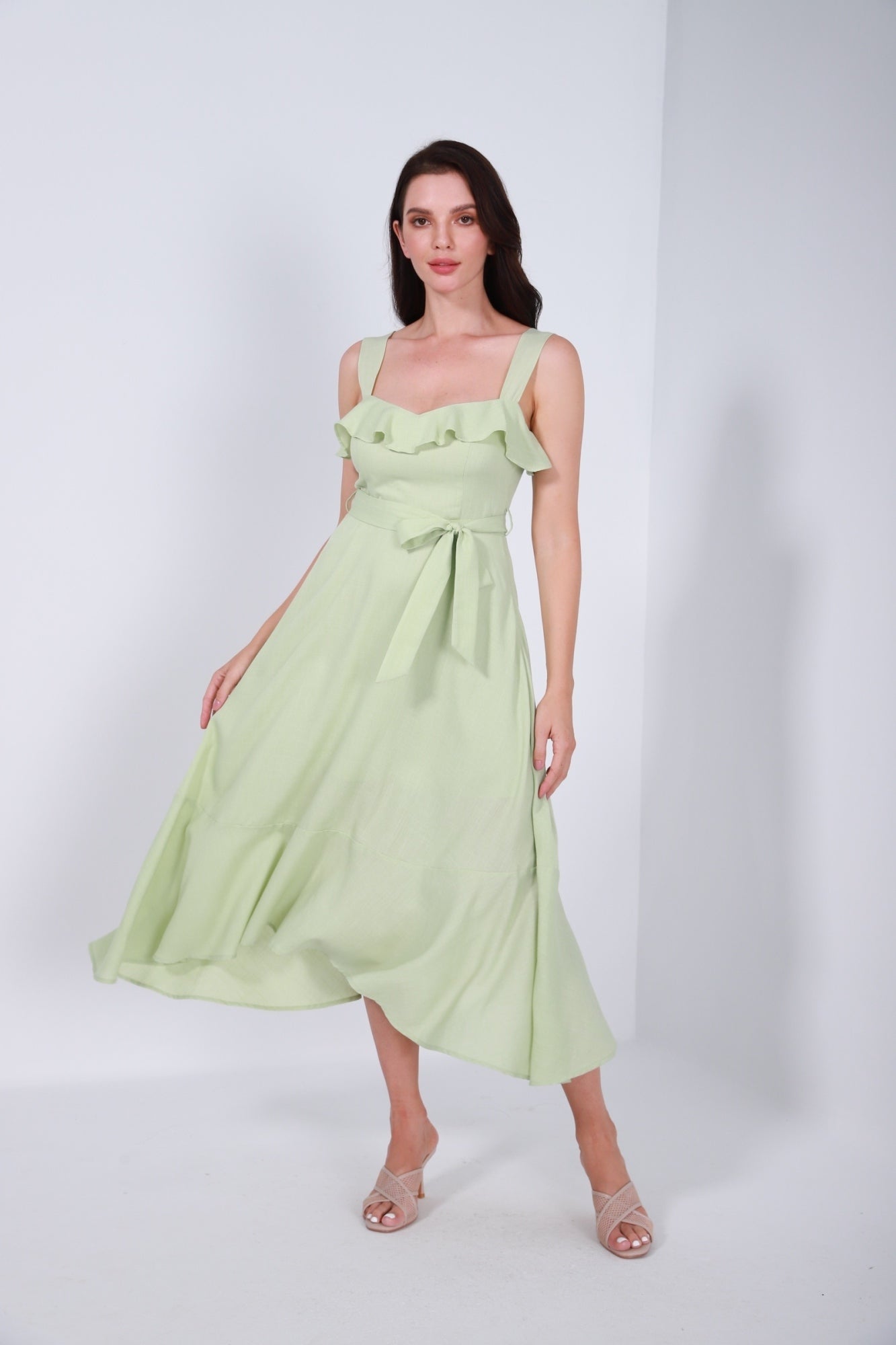 Ruffled Neckline Tie Belt Dress - Femi9 EG