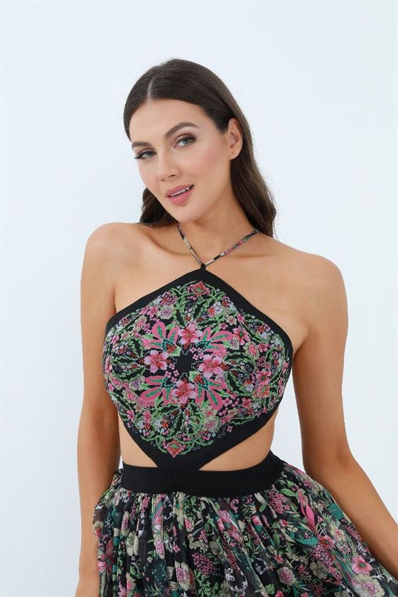 Halter Printed Chiffon Dress - Femi9 EG