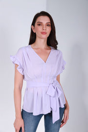Ruffled Sleeves Top With Belt - Femi9 EG