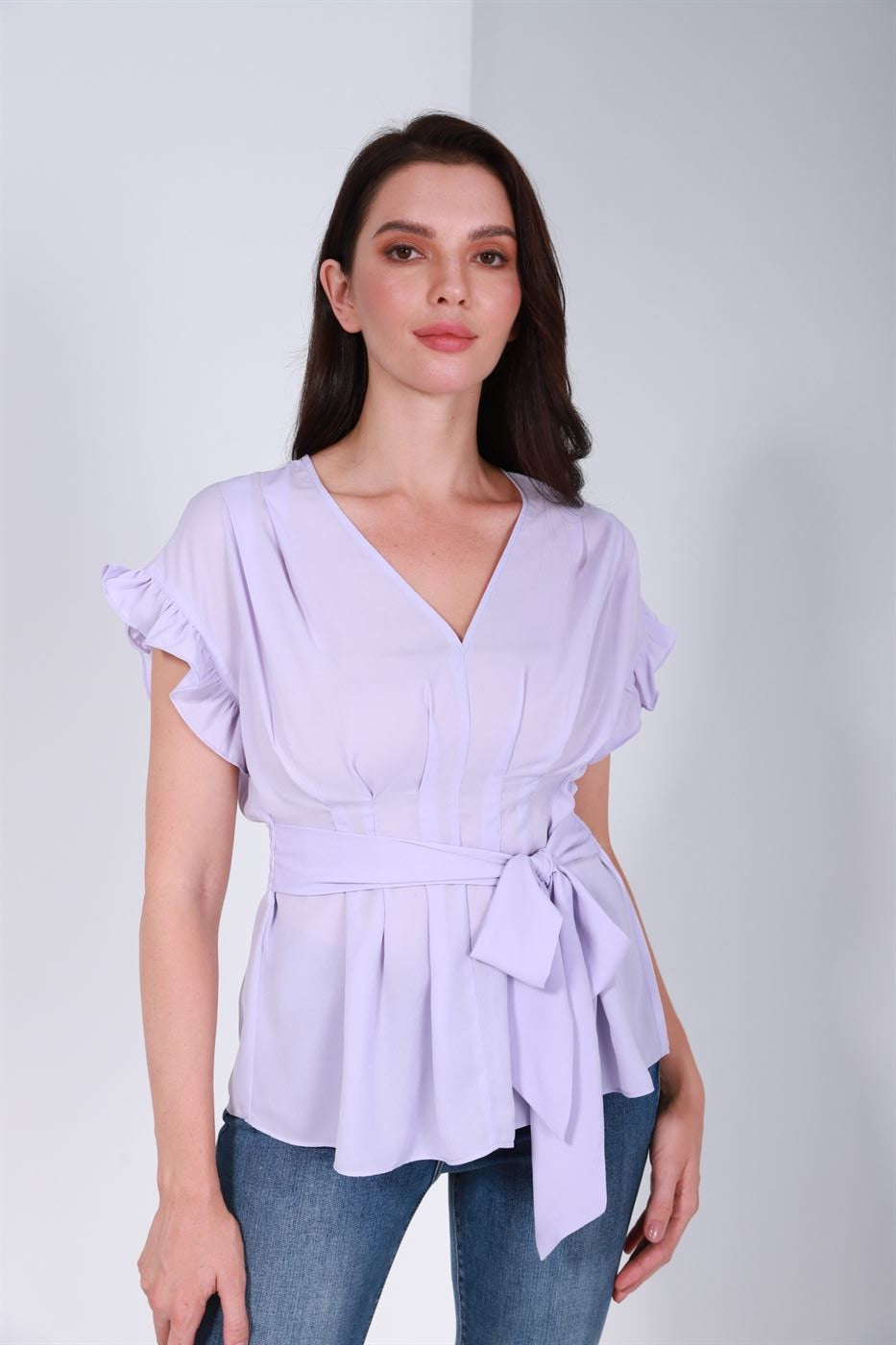 Ruffled Sleeves Top With Belt - Femi9 EG